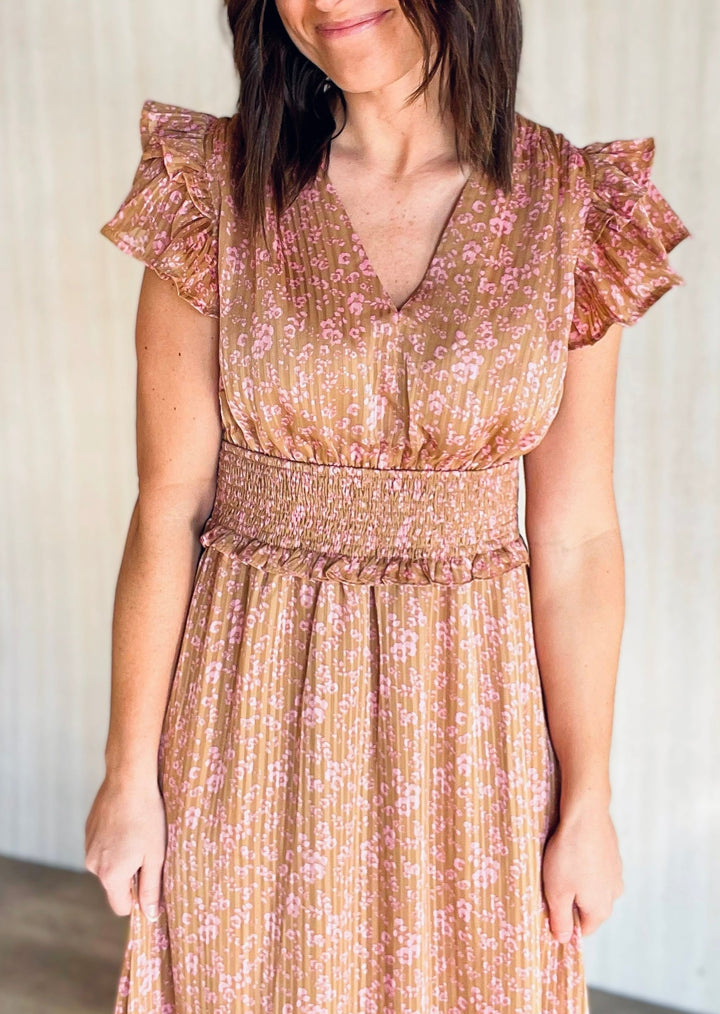 Women's Pleated Camel and Pink Print Satin Maxi dress | Spring Floral Maxi Dresses