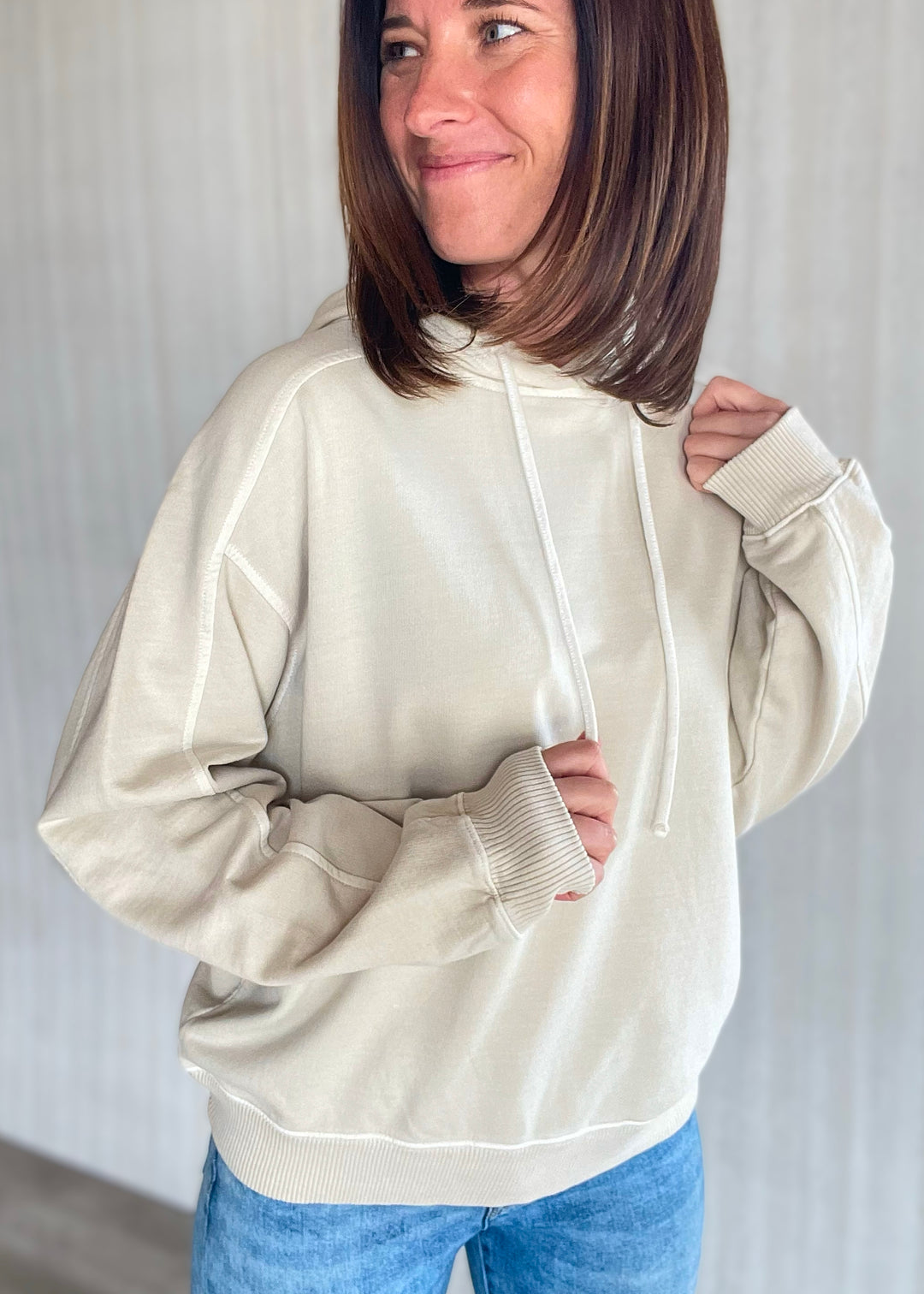 Women's Beige French Terry Hooded Sweatshirt | Spring & Summer Sweatshirt
