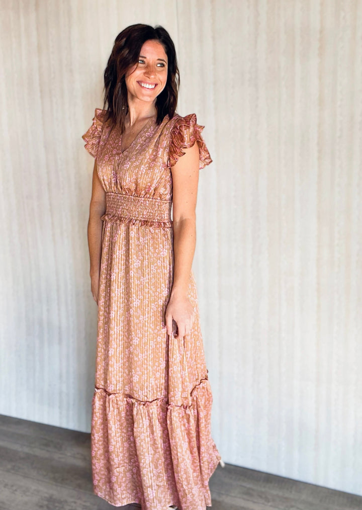 Women's Pleated Camel and Pink Print Satin Maxi dress | Spring Floral Maxi Dresses