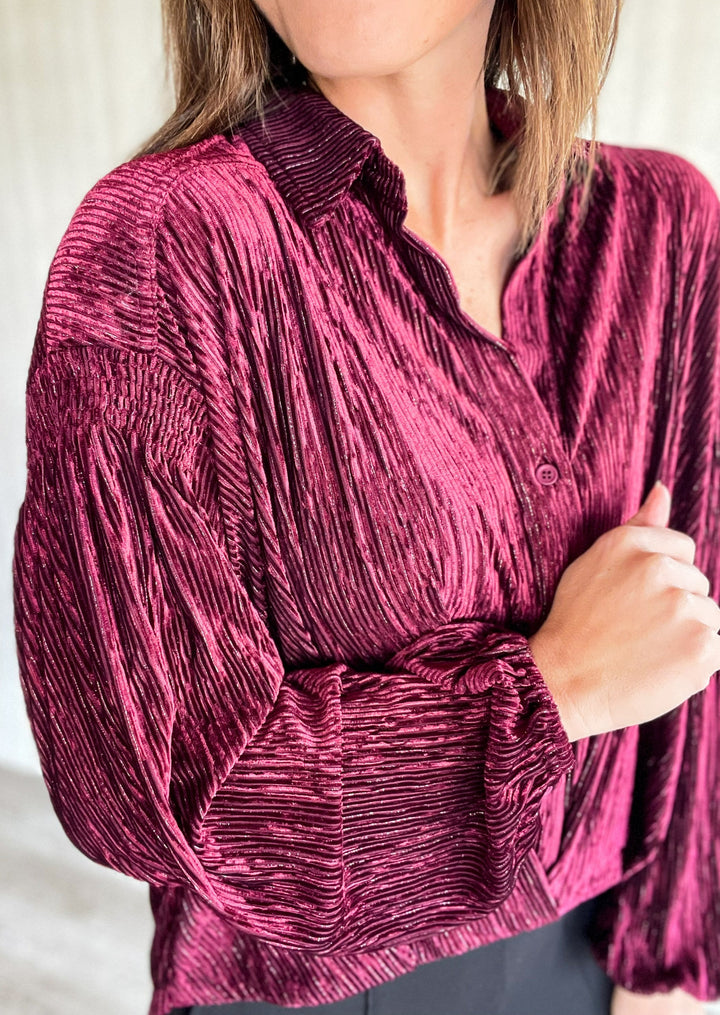 Holiday blouses - Burgundy Velvet Button Down Shirt (Office Holiday Party Outfit)