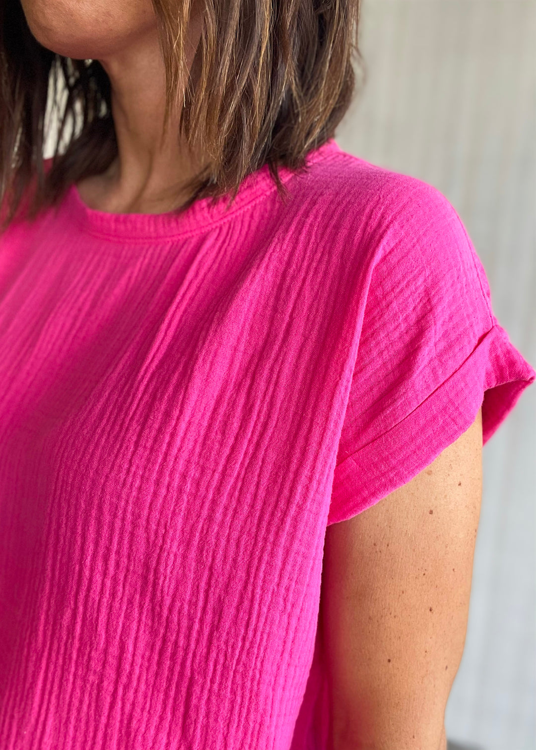 Women's Pink Fuchsia Gauze Top T-Shirt with Black Jean Shorts