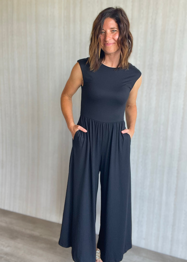 Women's Black Jumpsuit with open back and wide leg pants