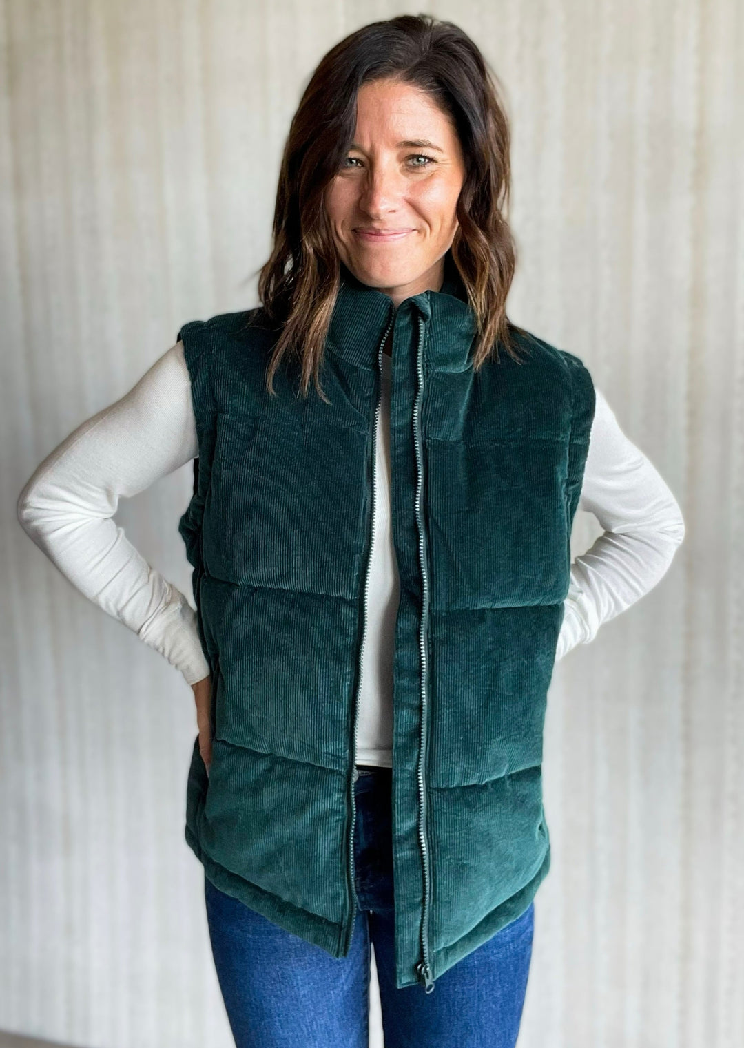 Evergreen Corduroy Vest sold at Embolden, a Champaign-Urbana Women's Clothing Boutique (Thread & Supply Brand)