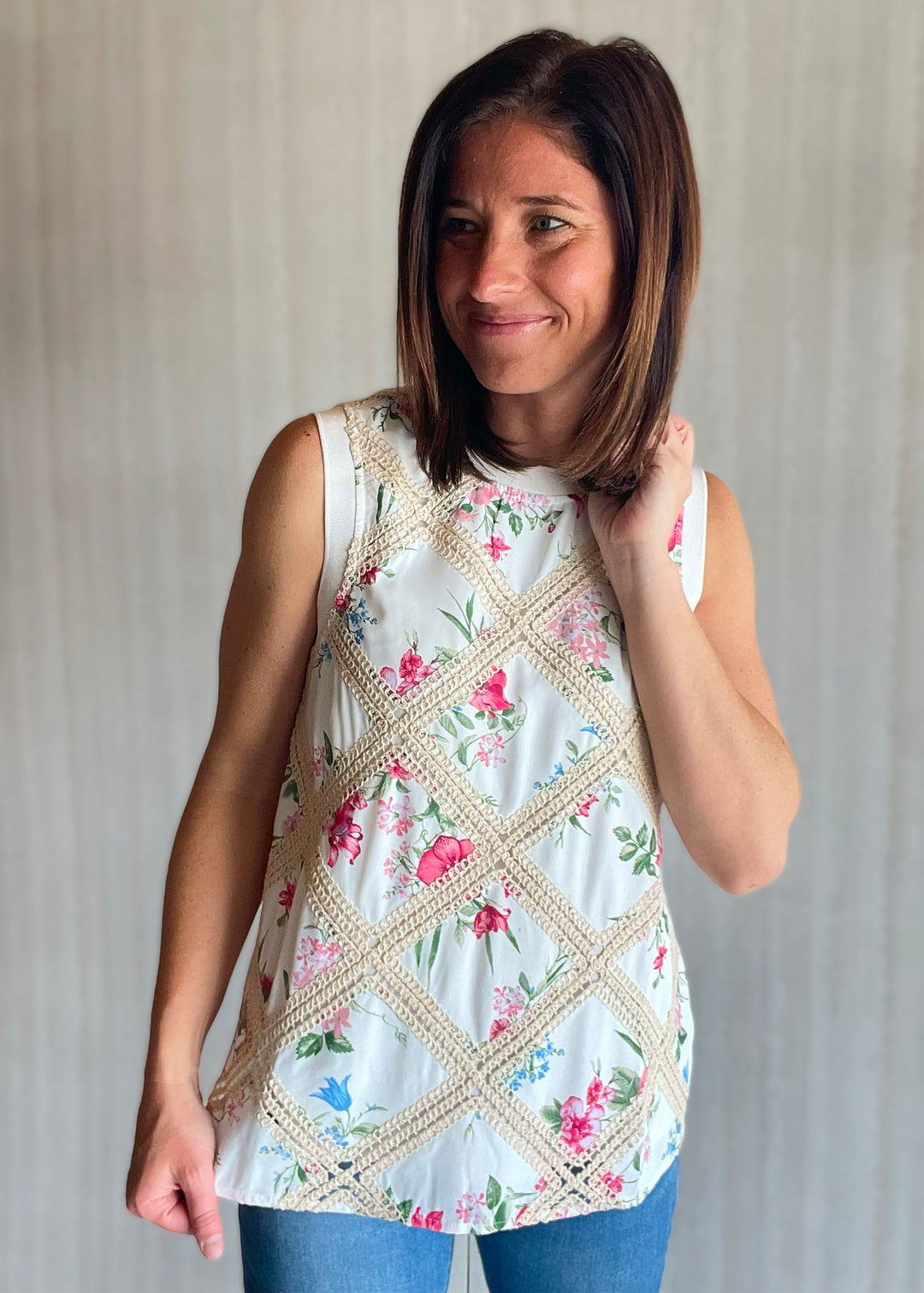 Printed Foral Patch Crochet Sleeveless Top by Skies Are Blue sold at Embolden; a Central Illinois Women's Online Clothing Botique. Spring & Summer Dress Tops.
