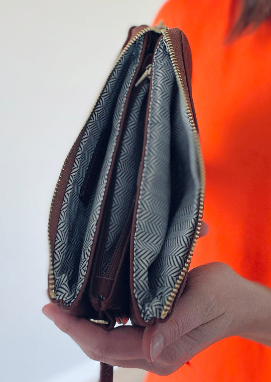 Brown Riley 3 Compartment Crossbody/Wristlet