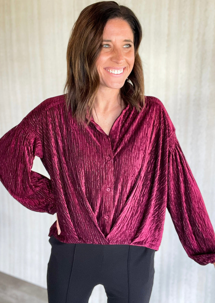 Holiday blouses - Burgundy Velvet Button Down Shirt (Office Holiday Party Outfit)
