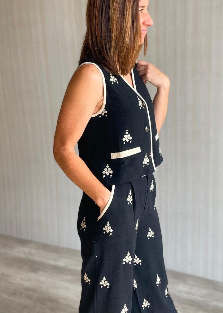 Women's Cream Embroidered Black Vest & Pants Set