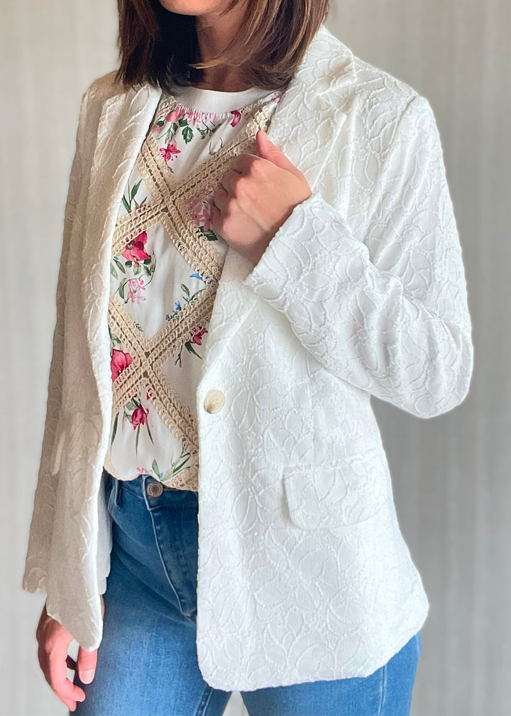 White Lace Blazer by Skies Are Blue sold at Embolden, a Central Illinois Women's Clothing Boutique. Cute, spring & summer women's blazer.