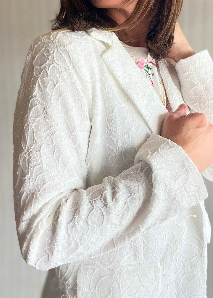 White Lace Blazer by Skies Are Blue sold at Embolden, a Central Illinois Women's Clothing Boutique. Cute, spring & summer women's blazer.