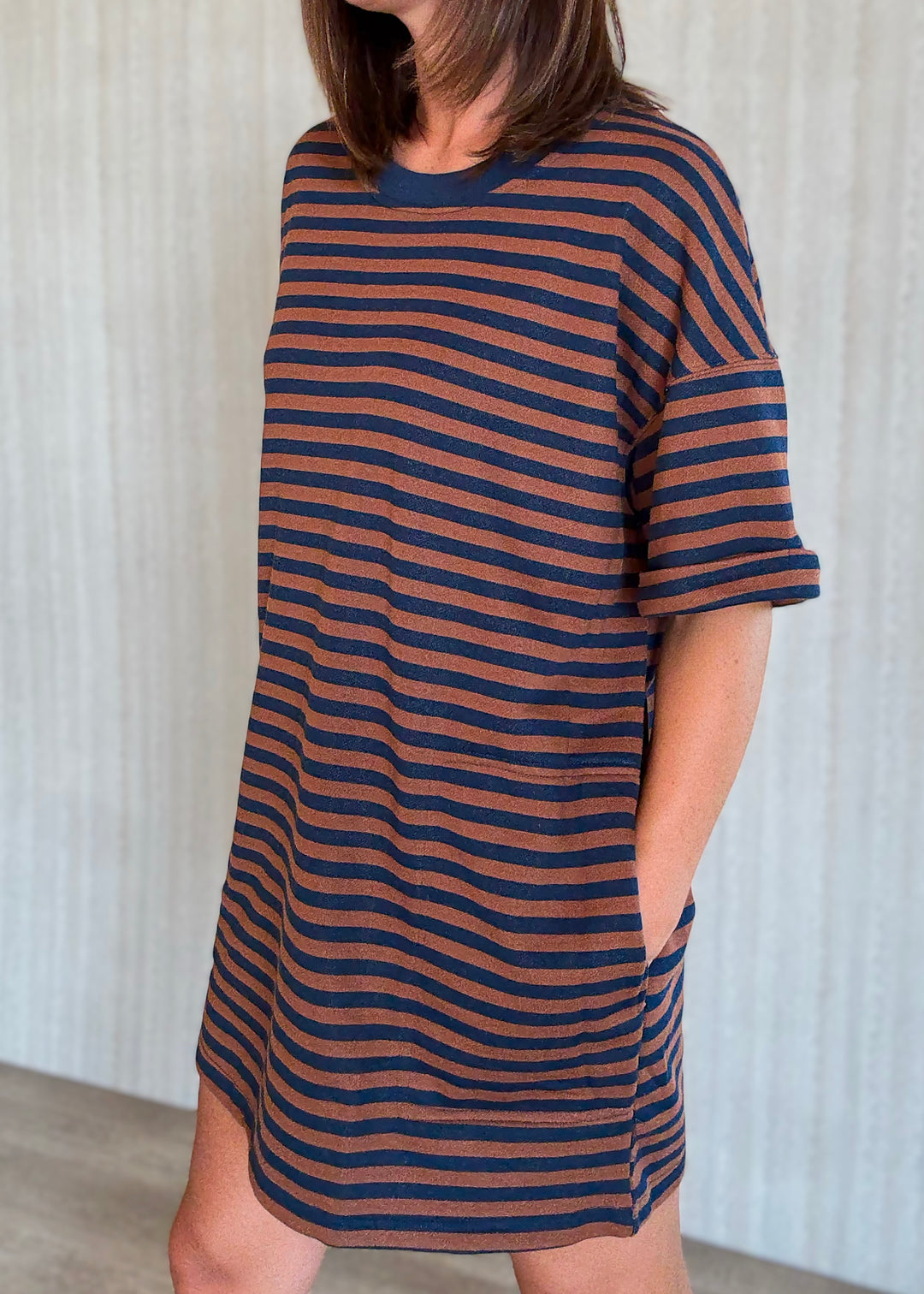 Women's Navy & Brick Striped Oversized Tee Dress. Cute for Game Days!