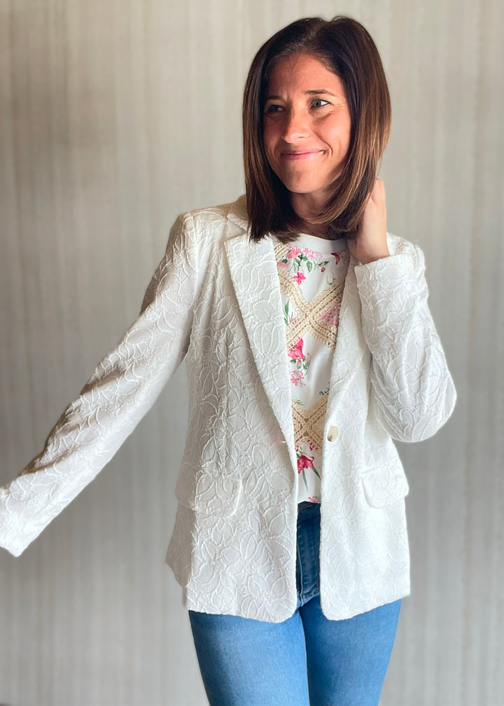 White Lace Blazer by Skies Are Blue sold at Embolden, a Central Illinois Women's Clothing Boutique. Cute, spring & summer women's blazer.