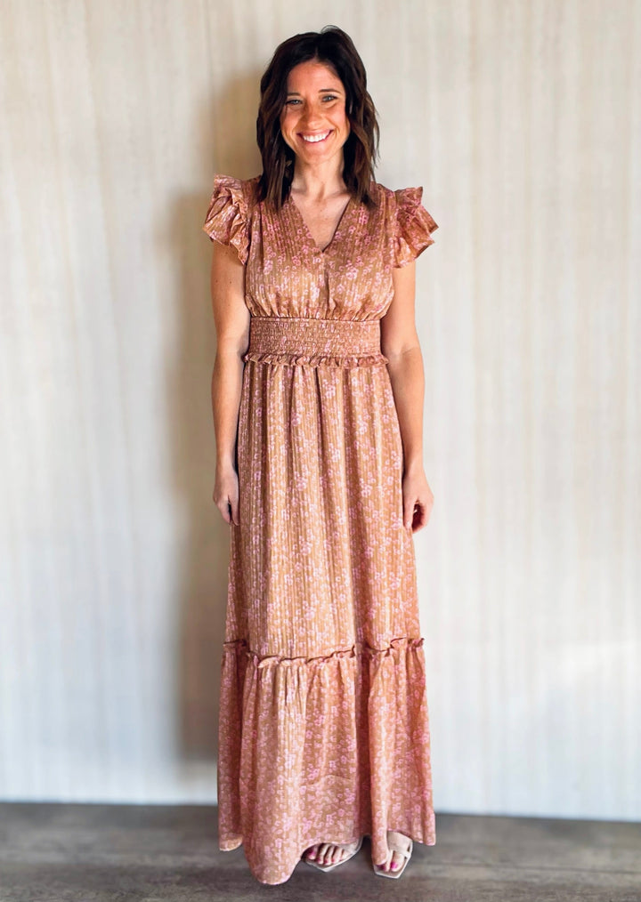 Women's Pleated Camel and Pink Print Satin Maxi dress | Spring Floral Maxi Dresses