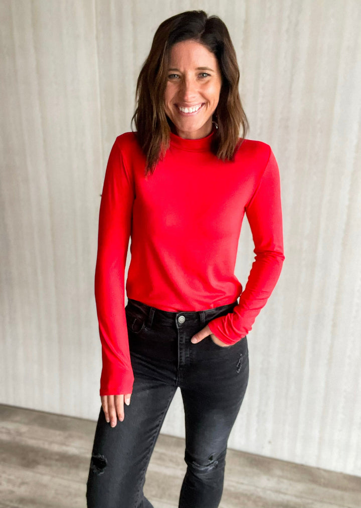 Red Basic Mock Neck Long Sleeve Top