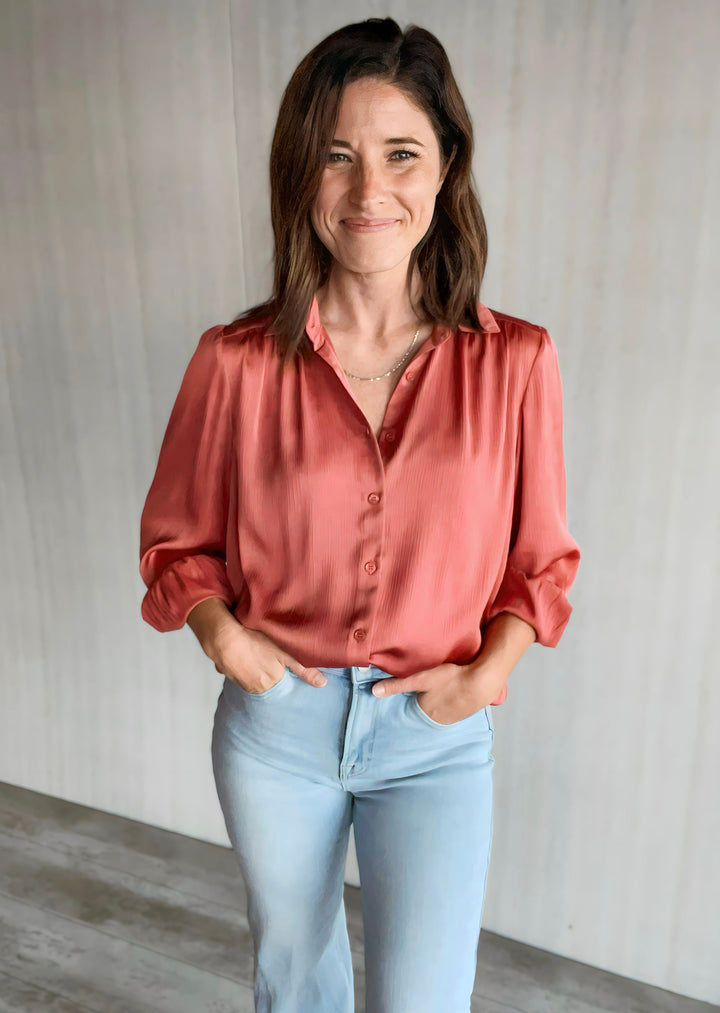Skies Are Blue Terracotta Crinkled Satin Blouse