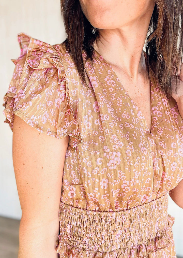 Women's Pleated Camel and Pink Print Satin Maxi dress | Spring Floral Maxi Dresses