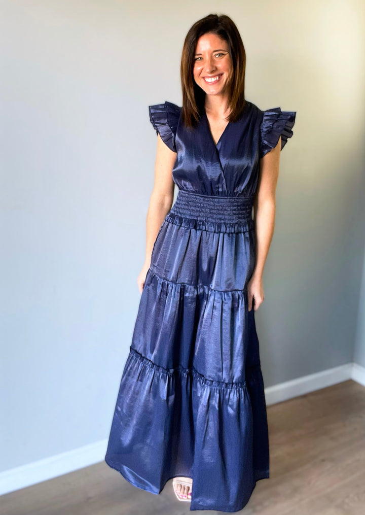 Navy Blue Satin Maxi Dress | Wedding Guest Dress