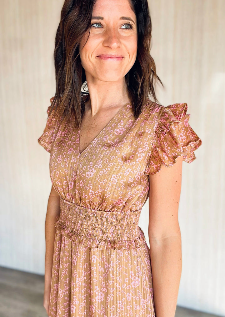 Women's Pleated Camel and Pink Print Satin Maxi dress | Spring Floral Maxi Dresses