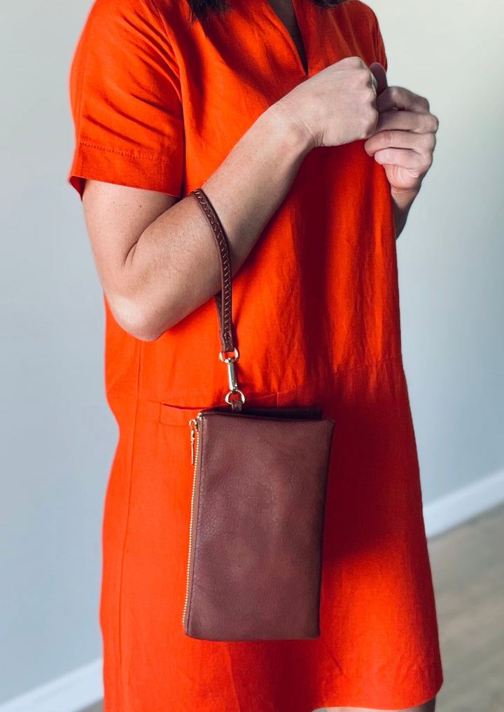 Brown Riley 3 Compartment Crossbody/Wristlet