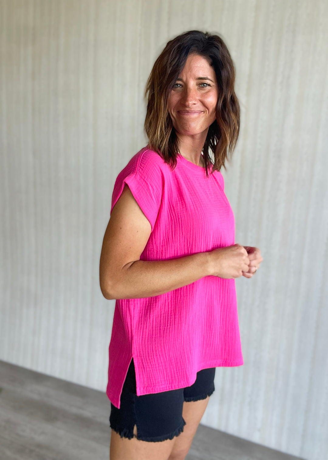 Women's Pink Fuchsia Gauze Top T-Shirt with Black Jean Shorts