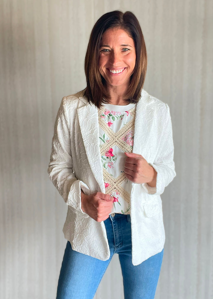 White Lace Blazer by Skies Are Blue sold at Embolden, a Central Illinois Women's Clothing Boutique. Cute, spring & summer women's blazer.