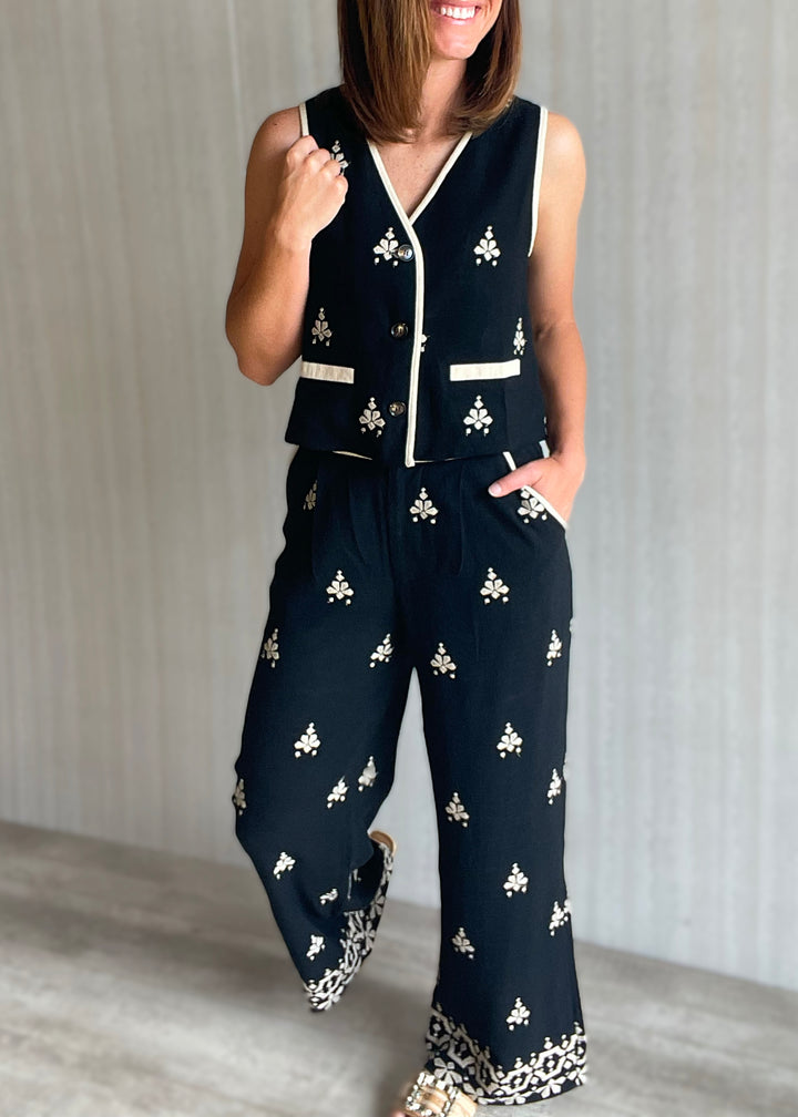 Women's Cream Embroidered Black Vest & Pants Set