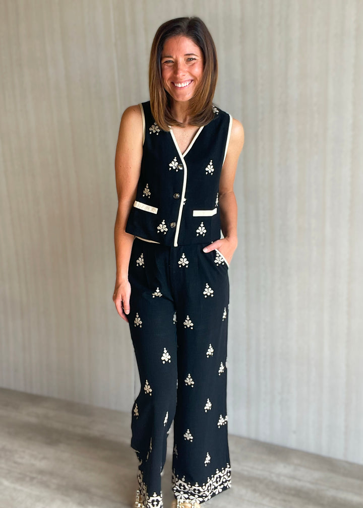 Women's Cream Embroidered Black Vest & Pants Set