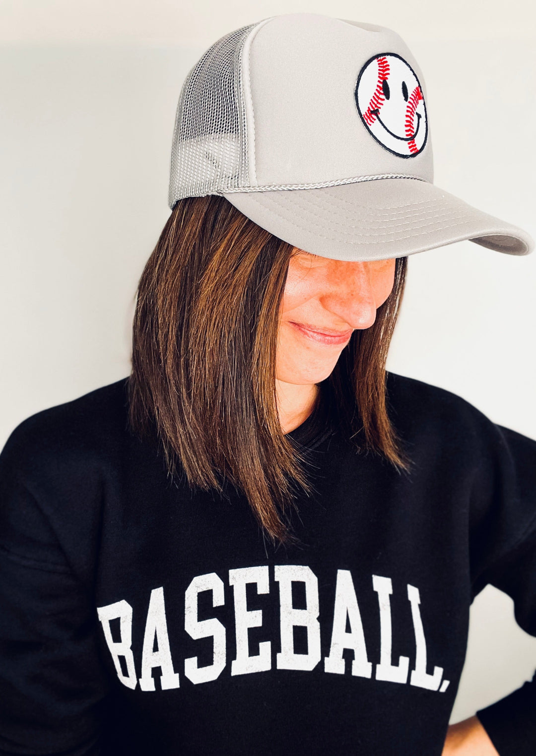 Gray Baseball Happy Face Trucker Hat