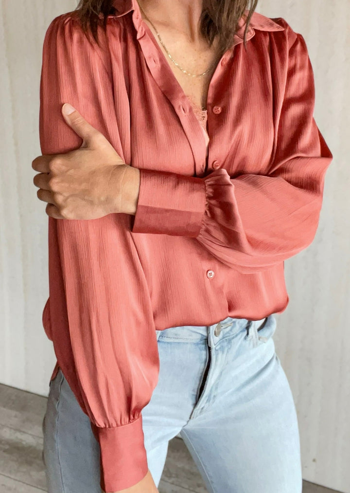 Skies Are Blue Terracotta Crinkled Satin Blouse