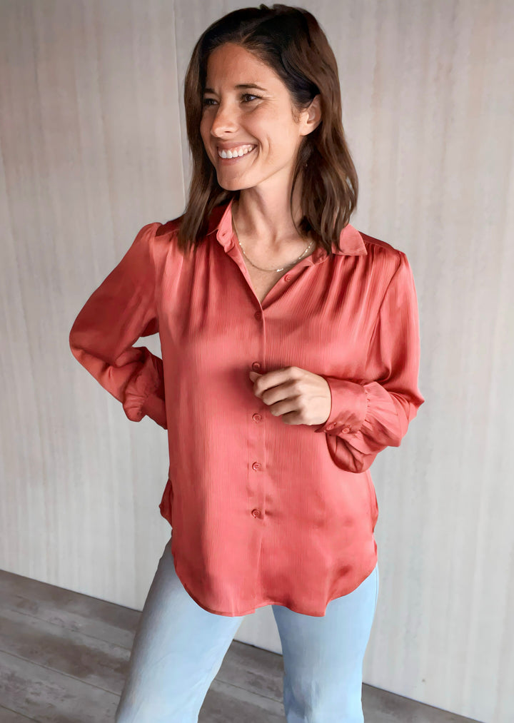 Skies Are Blue Terracotta Crinkled Satin Blouse