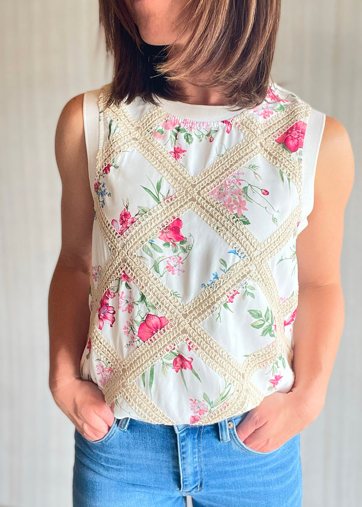 Printed Foral Patch Crochet Sleeveless Top by Skies Are Blue sold at Embolden; a Central Illinois Women's Online Clothing Botique. Spring & Summer Dress Tops.