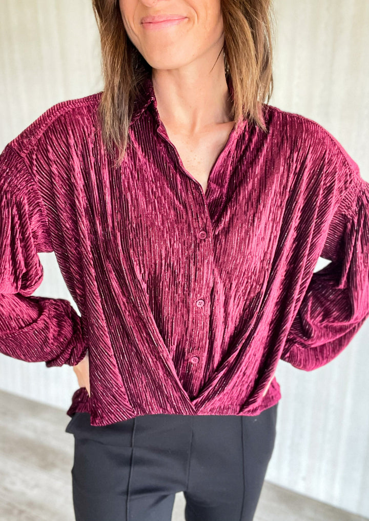 Holiday blouses - Burgundy Velvet Button Down Shirt (Office Holiday Party Outfit)
