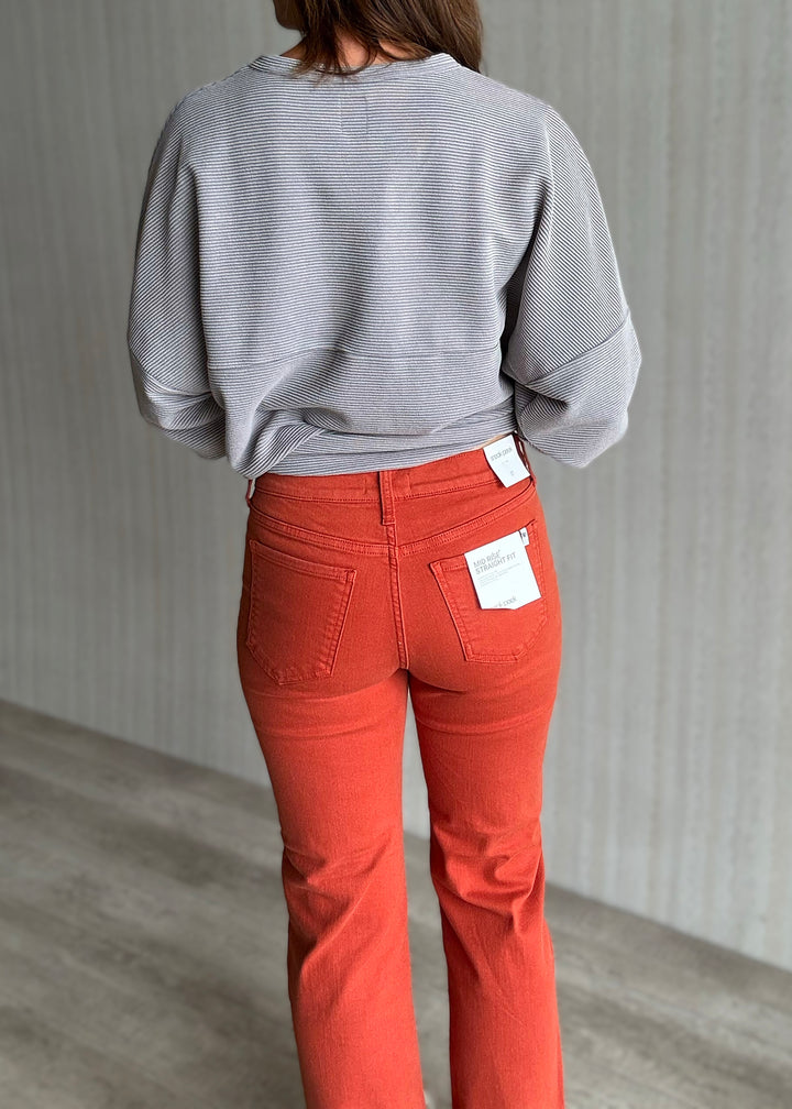 Women's orange Mid-Rise Frayed Hem Straight Leg Jeans | Game Day Orange Pants