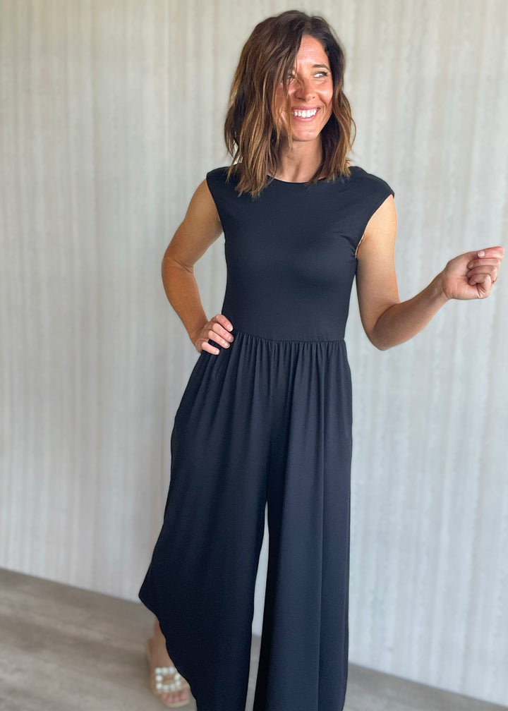 Women's Black Jumpsuit with open back and wide leg pants