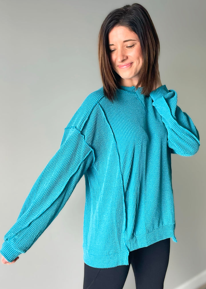Women's Teal Ribbed Long Sleeve Pullover Top
