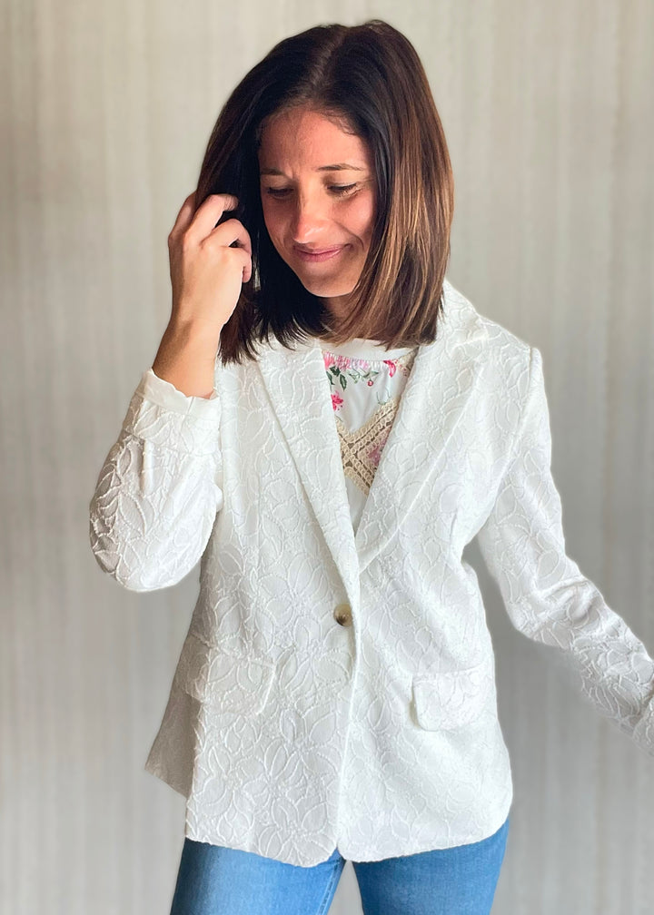 White Lace Blazer by Skies Are Blue sold at Embolden, a Central Illinois Women's Clothing Boutique. Cute, spring & summer women's blazer.