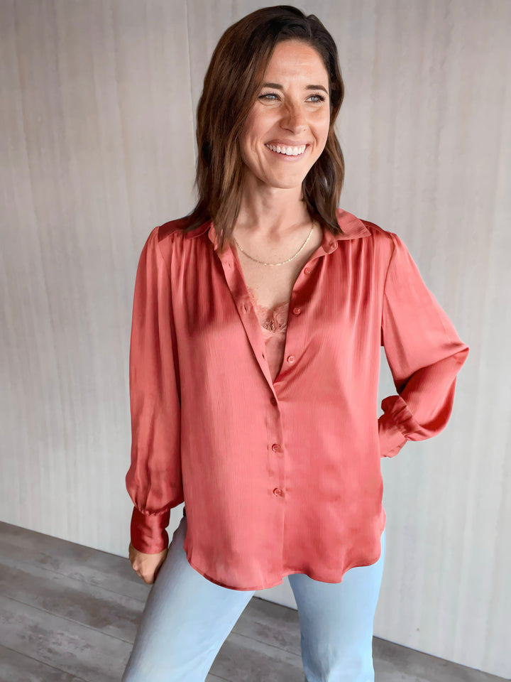 Skies Are Blue Terracotta Crinkled Satin Blouse