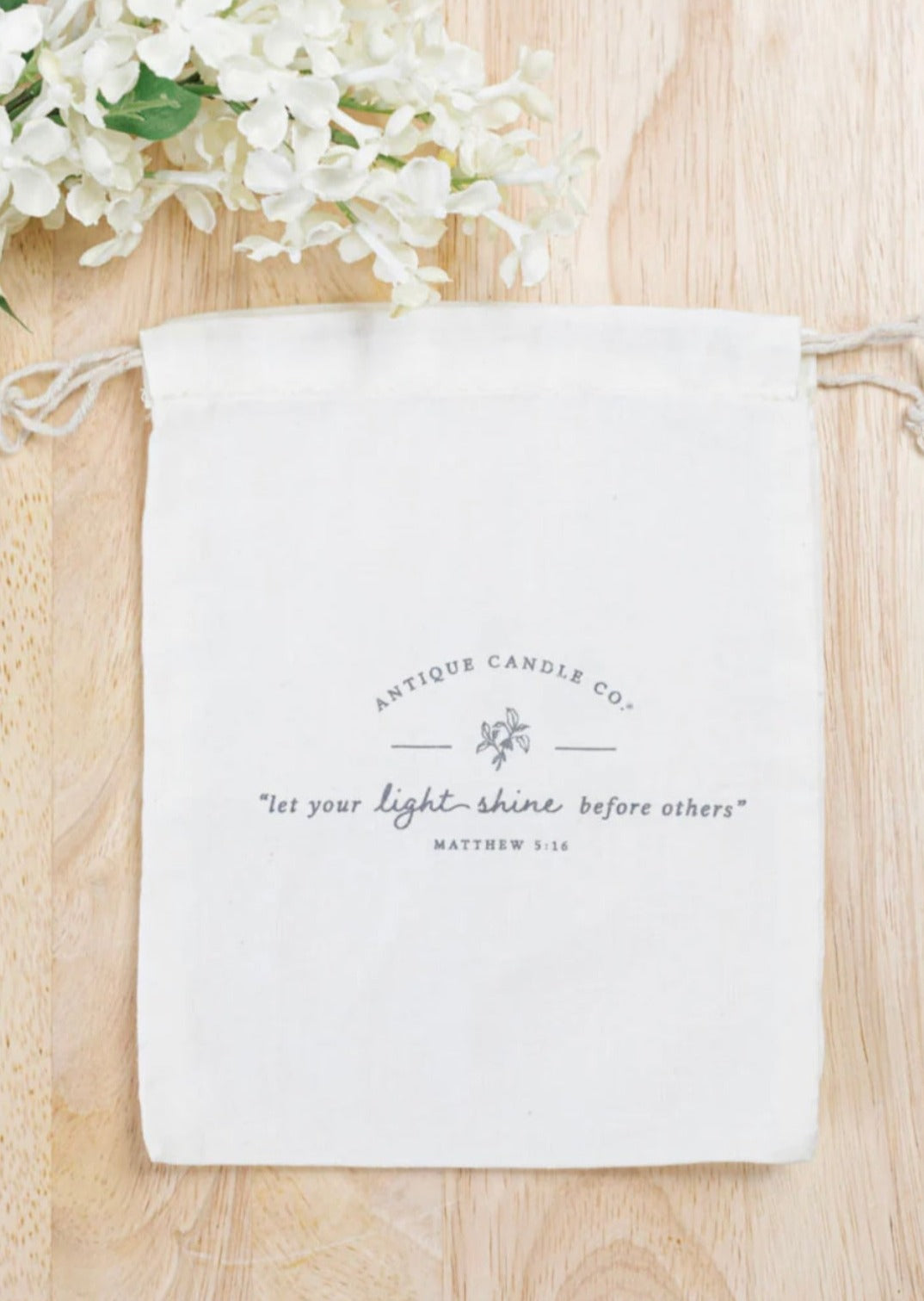 Antique Candle Co. White cotton muslin gift bag with Matthew 5:16 verse; 