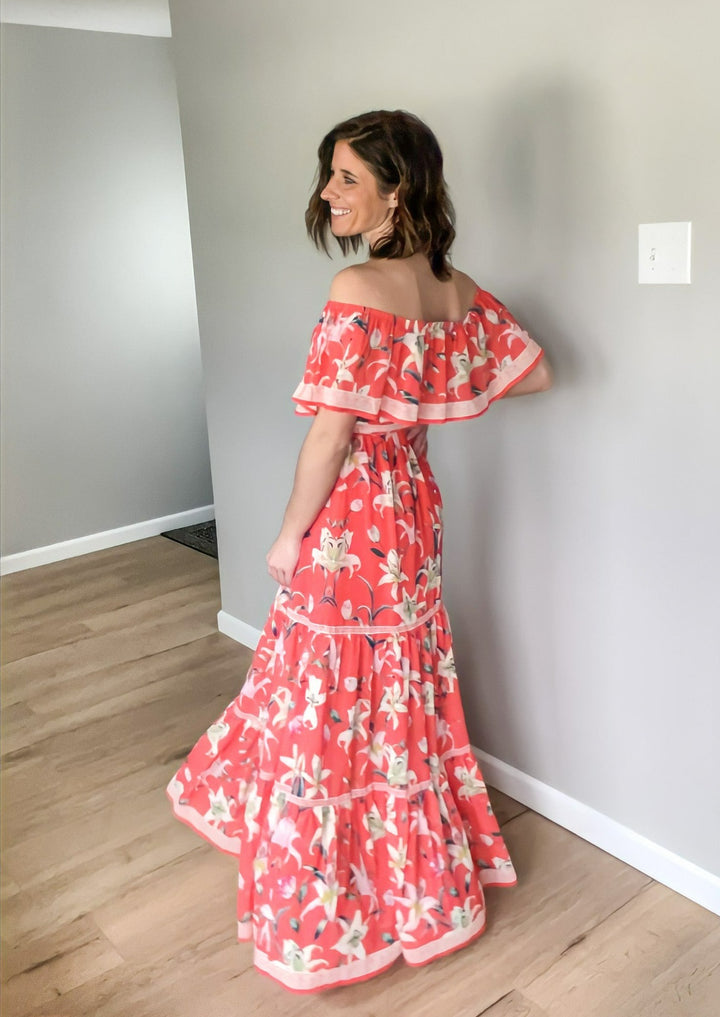 Hot Coral Floral Maxi Dress. Dress for beach vacation or guest of wedding. Flying Tomato.