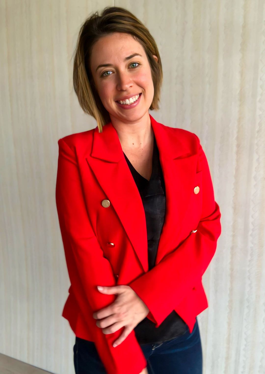 Women's Red Blazer with gold buttons. Perfect Blazer for the holidays!