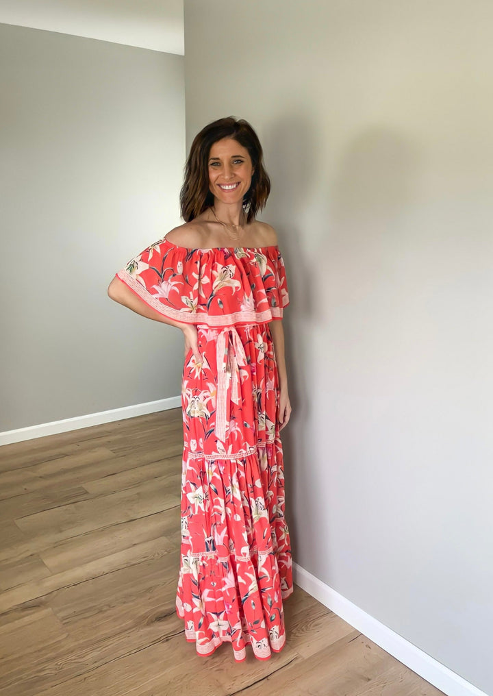 Hot Coral Floral Maxi Dress. Dress for beach vacation or guest of wedding. Flying Tomato.