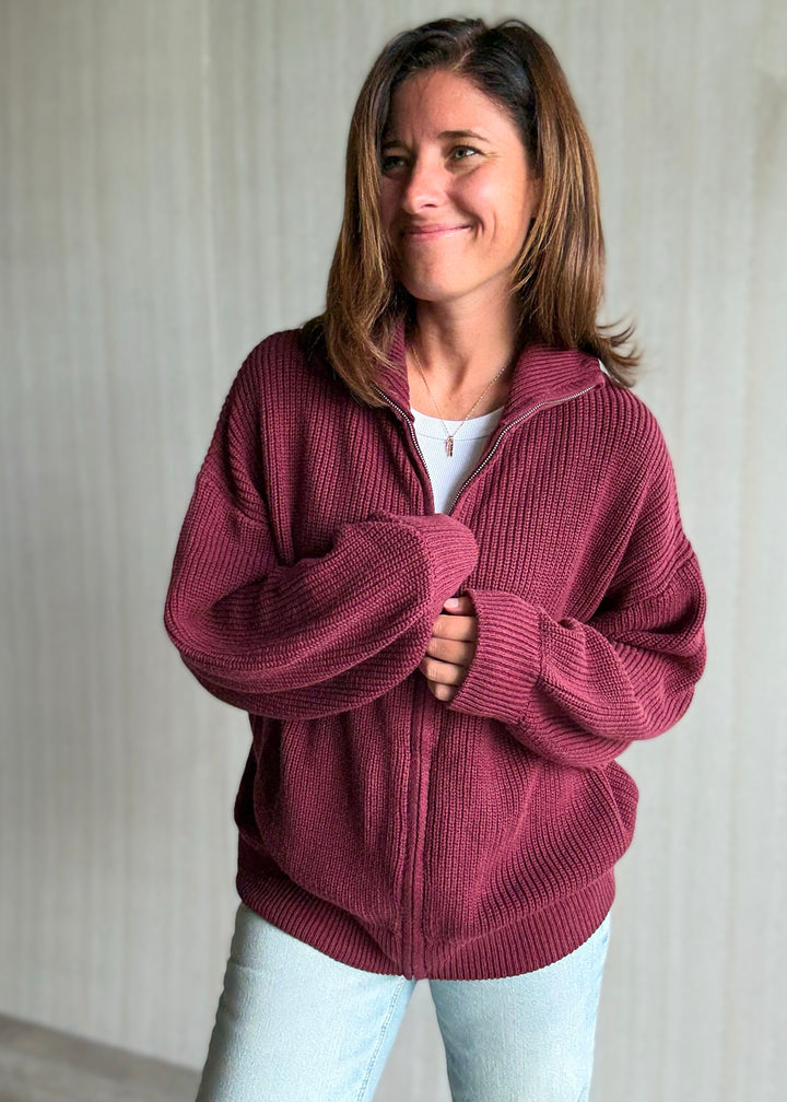 Women's Burgundy Oversized Zip Cardigan