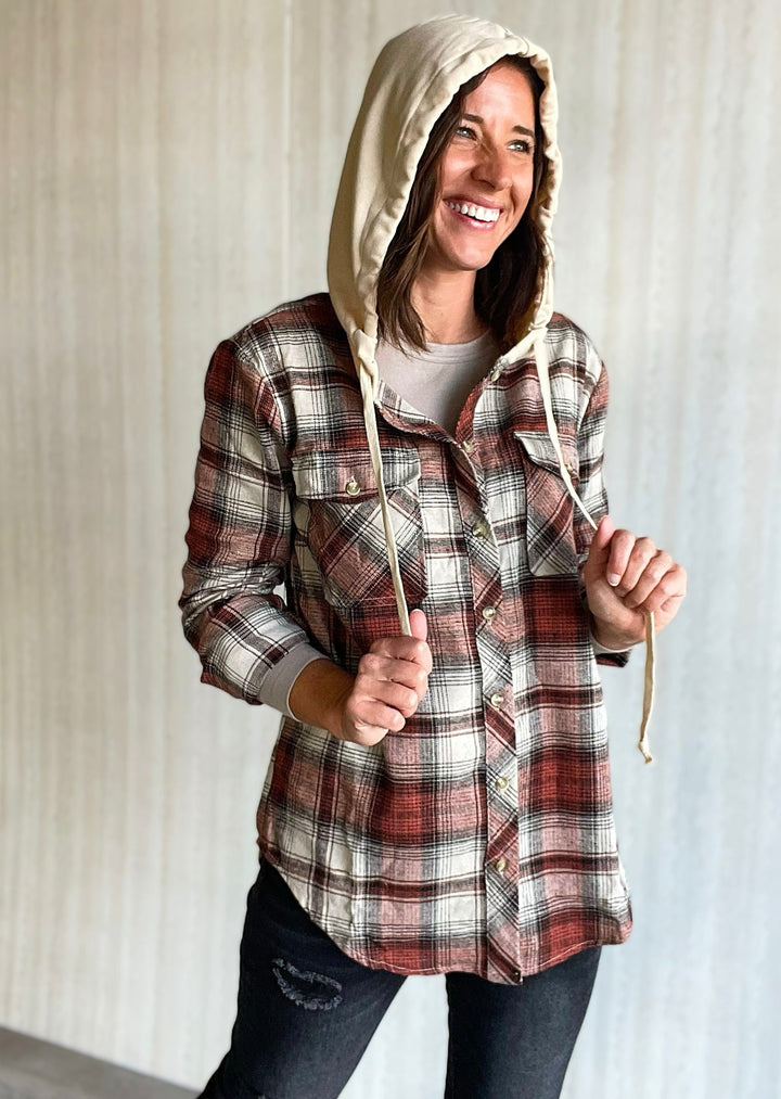 Hooded Rust Plaid Flannel Top