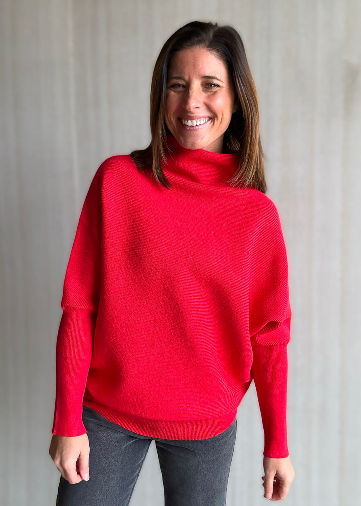 Women's Red Dolman Sleeve Mock Neck Sweater | Classic Winter Sweaters