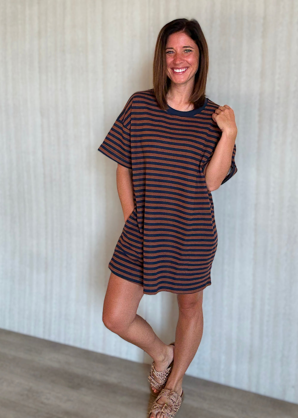Women's Navy & Brick Striped Oversized Tee Dress. Cute for Game Days!