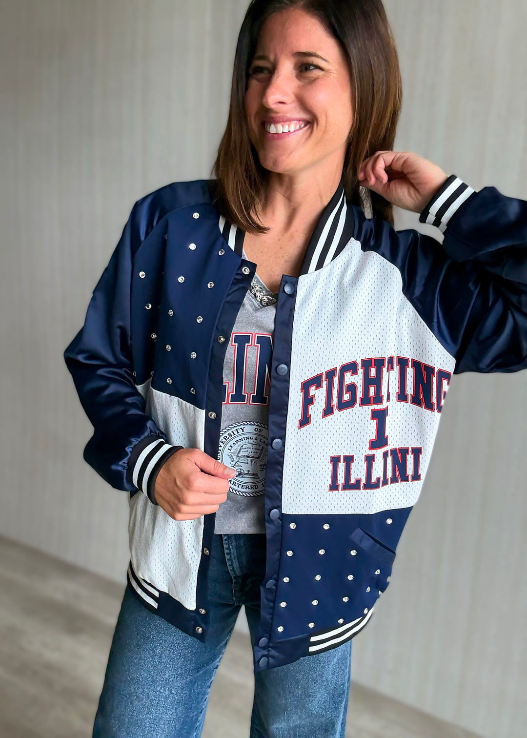 Women's Illinois Varsity Bomber Jacket with Rhinestones | Game Day Glam Outfit