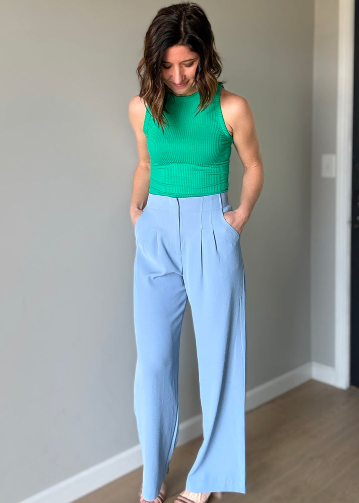Women's Dress Pants - Skies Are Blue Brand - Dusty Blue Pintuck Wide Leg Pants