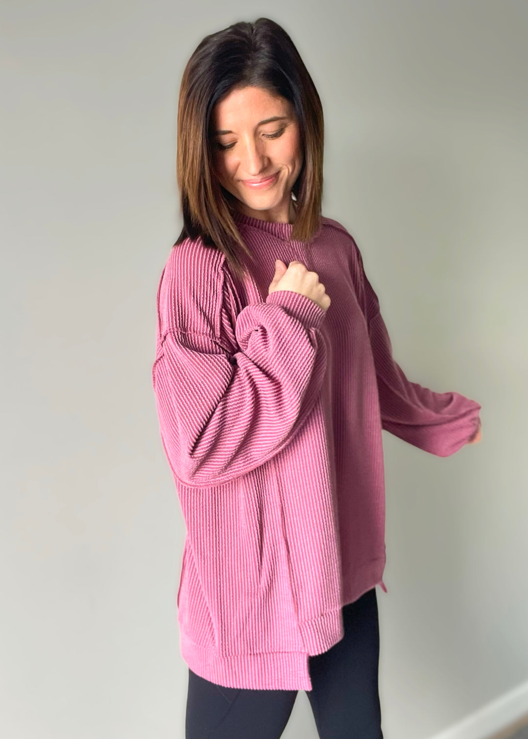 Cute Ribbed Pullover Maroon Women's Tops