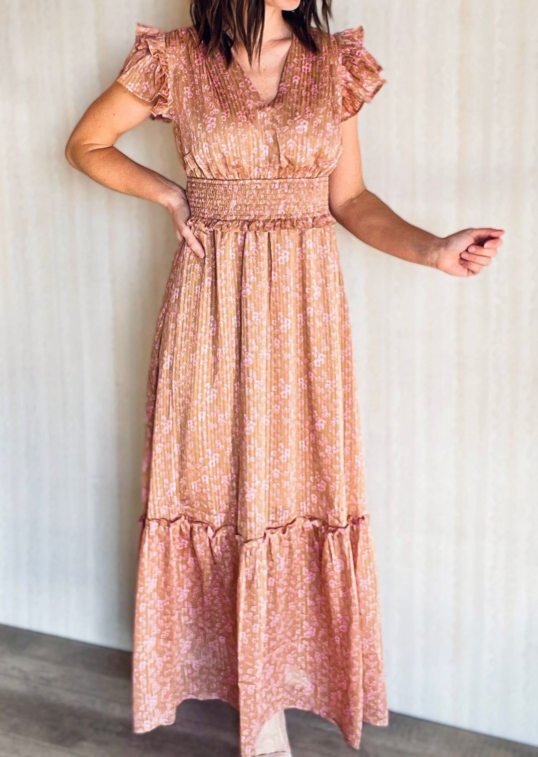 Women's Pleated Camel and Pink Print Satin Maxi dress | Spring Floral Maxi Dresses
