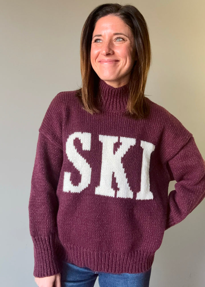 Women's Ski Graphic Sweater in a wine maroon color. | Women's Cozy Winter Sweaters