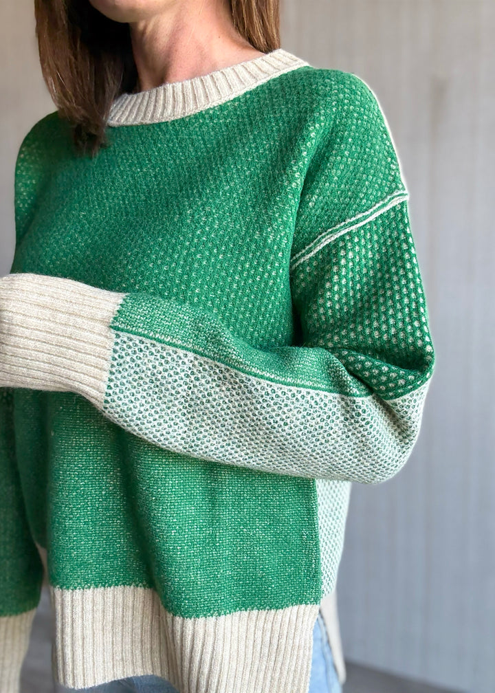 Green Color Block Textured Sweater